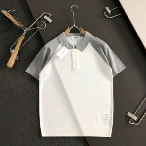 톱브라운 슬림핏 자카드 라펠 반팔 니트 스웨터