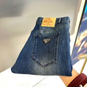 프라다 스트레치 메탈 로고 청바지