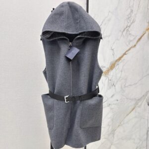 프라다 가을 겨울 최신 스타일 그레이 레터링 후드 울 베스트