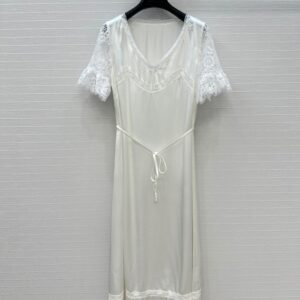 프라다 러플 레이스 반팔 V넥 드레스