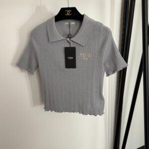 펜디 뉴 로고 자수 레터 라펠 반팔 울 스웨터 탑