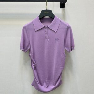 로에베 퍼플 마이크로 로고 플리츠 라펠 반팔 탑