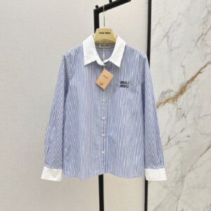 미우미우 초가을을 위한 최신 탈부착 가능 스트라이프 숏 셔츠
