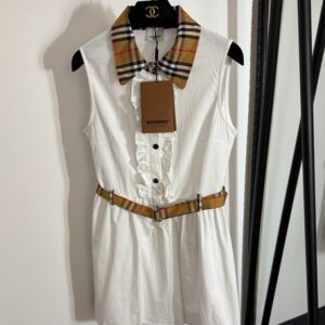 버버리 러플 플레드 라펠 스티칭 코튼 슬리브리스 베스트 드레스