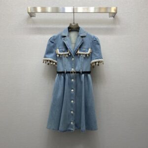 발렌티노 데님 꽃 조개 단추 장식 원피스